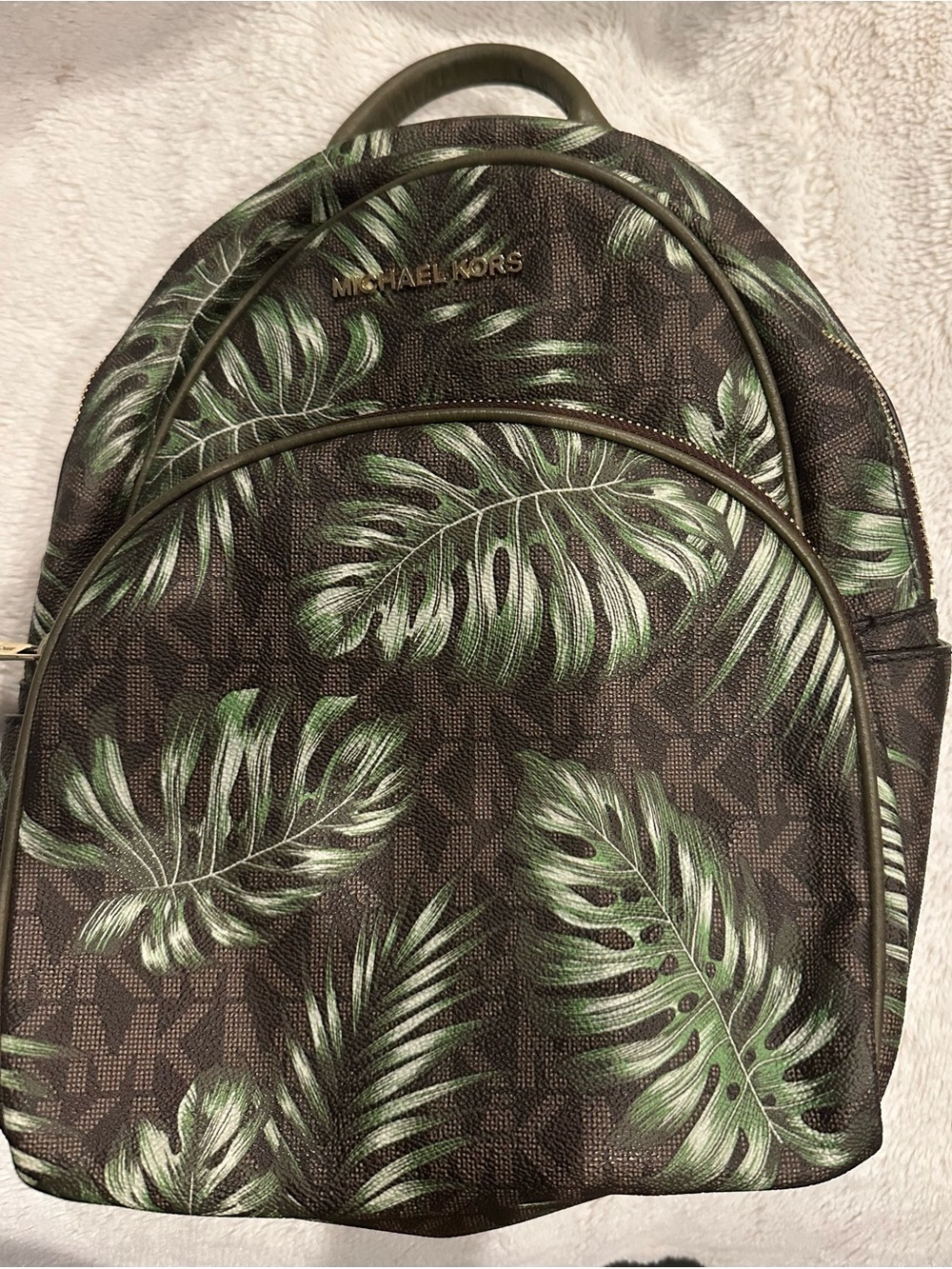 Michael Kors Brown Backpack with Green Tropical Leaf Print